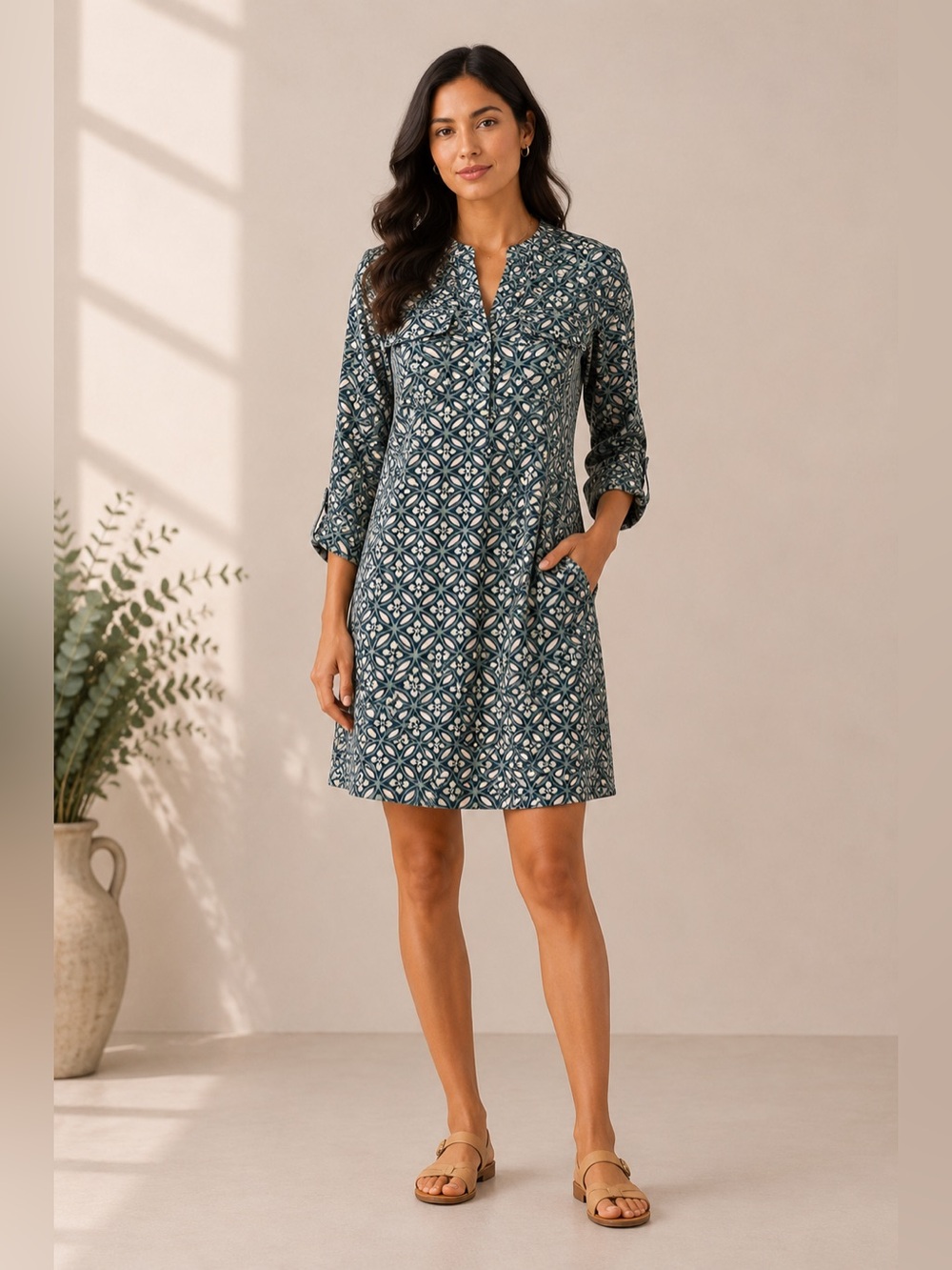 Davina Navy‎ White Geometric Print Shift Dress Size 8 Long Sleeve Casual